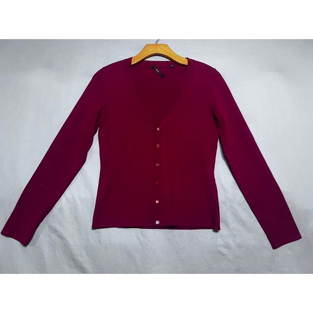Hugo Boss Womens Burgundy V-Neck Button Front Fine Knit Cardigan Sweater